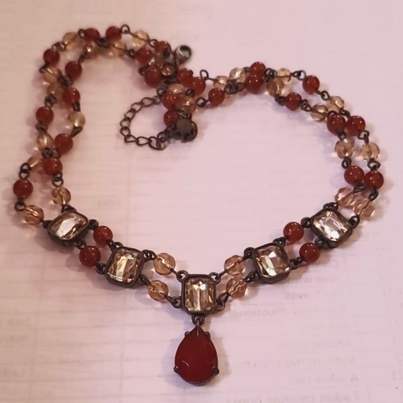 AVON NR Cranberry Orange Red Amber & Clear Crystal 16" Necklace Holiday - Picture 2 of 13